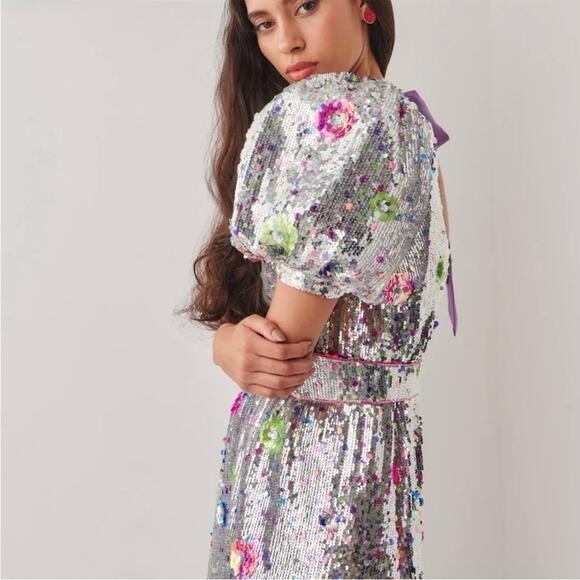 CeliaB Wonderer Silver Sequins Floral Statement Puff Sleeves Mini Dress NEW XXS - Picture 3 of 14